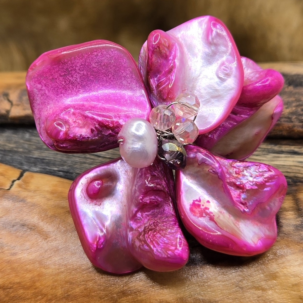 Dyed Pink Shell Floral Ring with a Real Pearl & Glass Crystals Adjustable Size